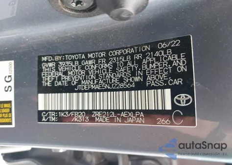 2022 Toyota Corolla Le from USA, damaged, VIN JTDEPMAE5NJ228564